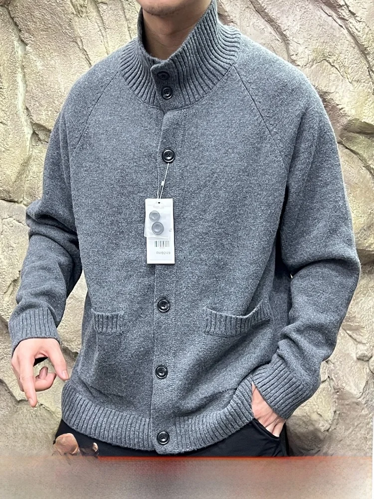 

Мужской вязаный шерстяной открытый кардиган, свободный крой, свитер с высоким воротником, осень-зима, повседневный, удобный, дышащий