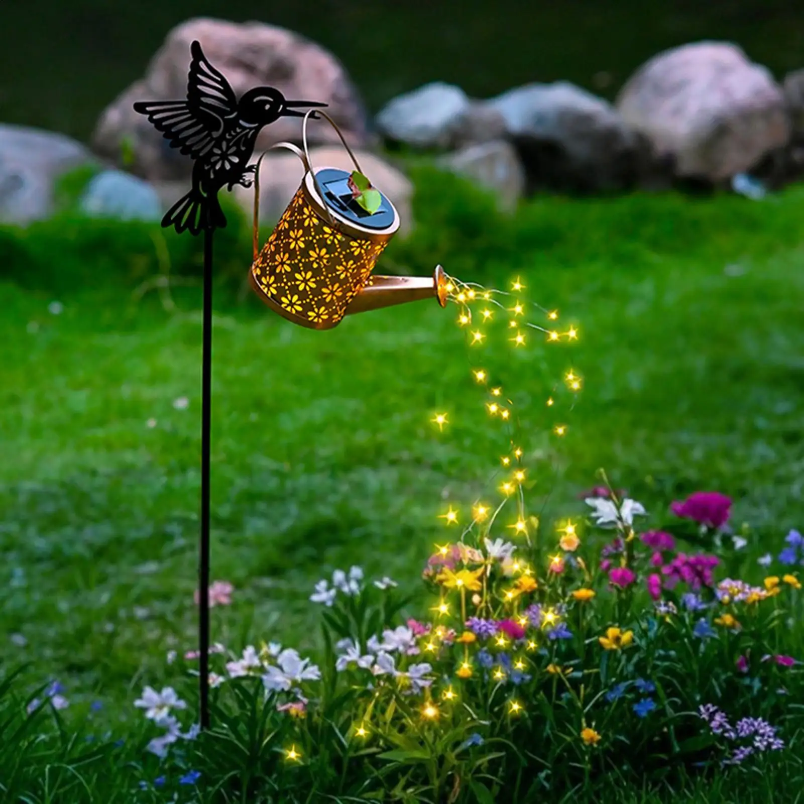 Large Retro Metal Lantern Solar Watering Can Light Outdoor Waterproof Shower Light Hanging Star LED Hummingbird For Garden Decor