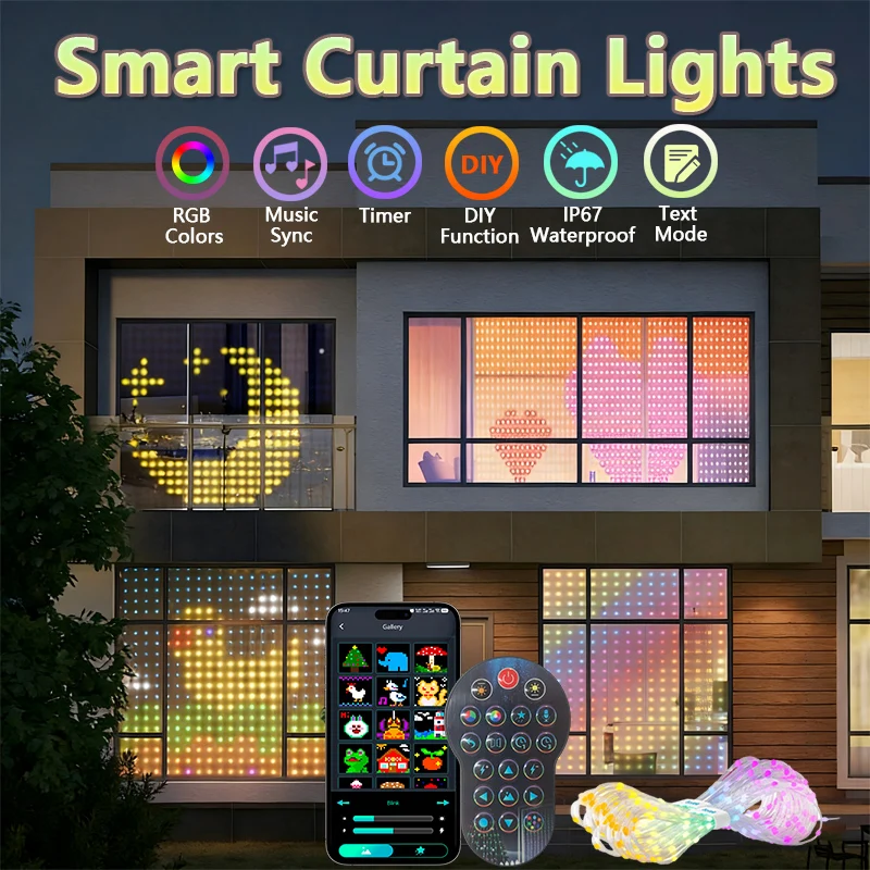 

2PCS Smart Curtain Light RGB LED String Lights APP Remote Control Music Sync DIY Color Waterproof for Indoor Outdoor Decoration