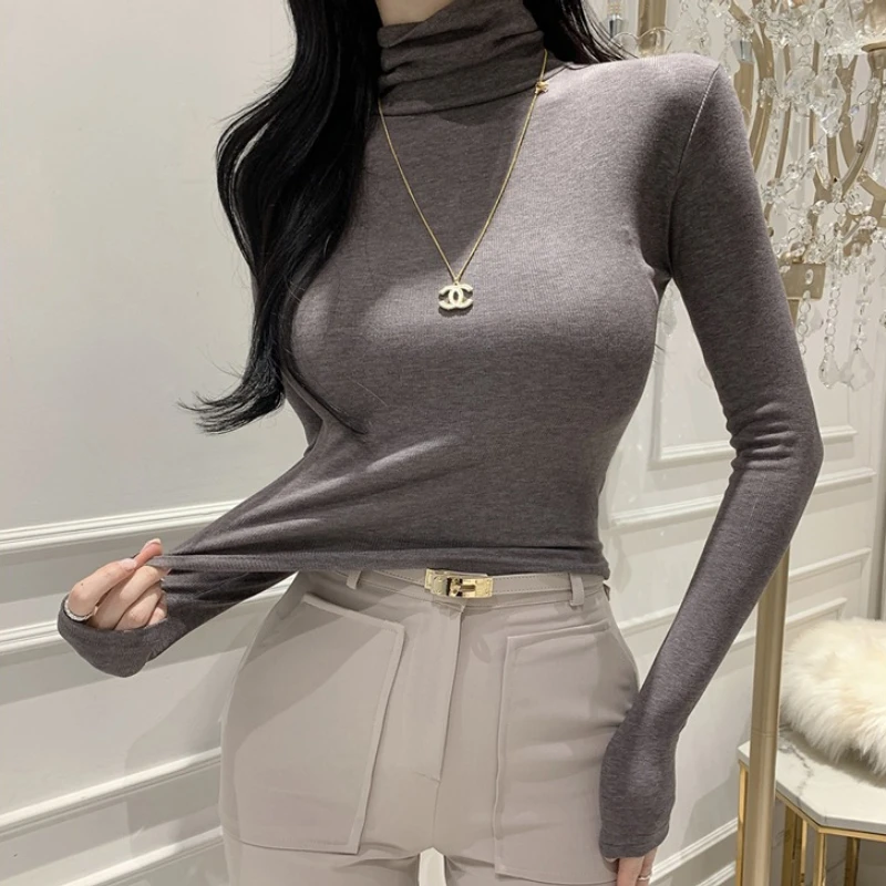 패션 여성 터틀넥 스트레치 티셔츠 여성 슬림 긴팔 티셔츠 단색 다용도 긴팔 티 섹시 크롭탑