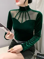 Autumn Winter Fashion Velour T Shirts Women's Velvet Spliced Mesh Turtleneck Full Sleeve Tops Lady Stretch Slim T-shirt HF5808