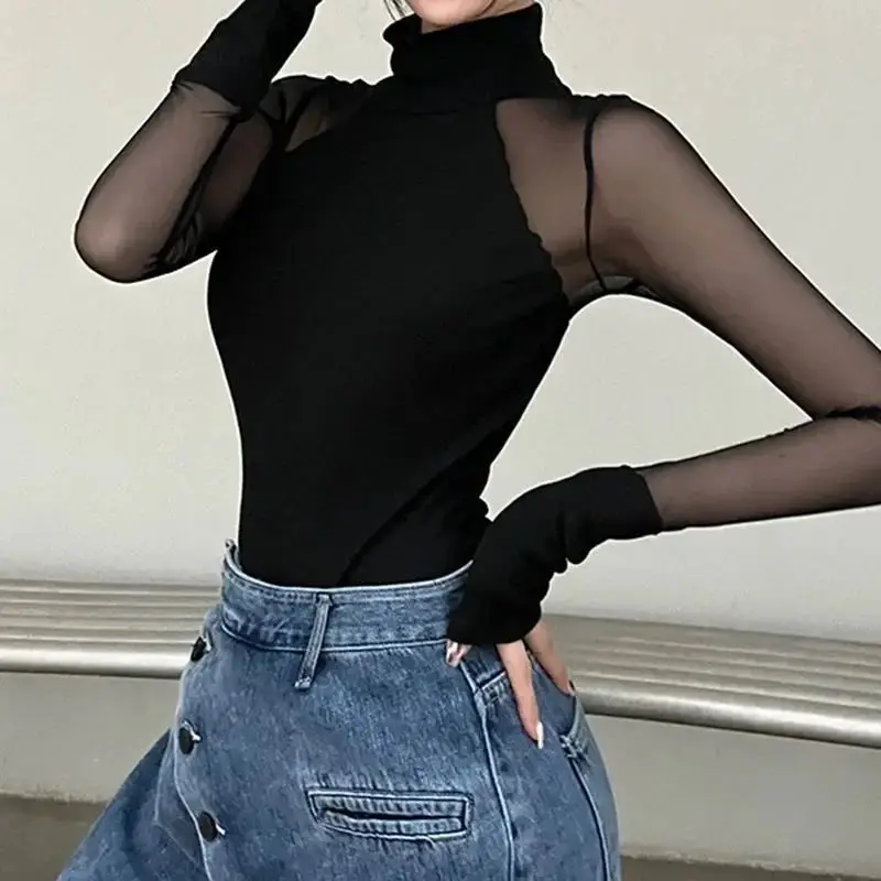 

Women's Jumpsuit 2026 Spring Long Sleeve T Shirt Sexy Mesh Patchwork One Piece Base Layer Bodysuit Casual Top