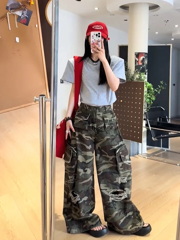 

American Style Retro Camouflage Hole Workwear Jeans Women's High Waist Straight Loose Floor-Length Wide Leg Pants