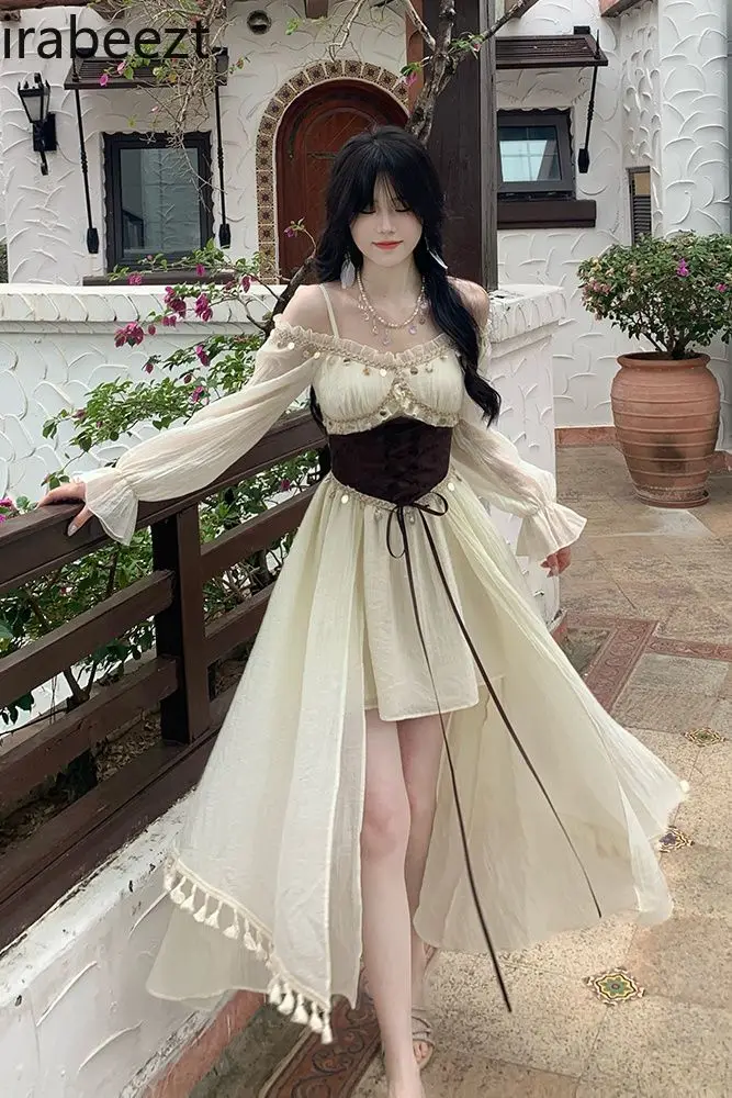 

New Summer Boho Women's Dress with Sequin Fringe Waist Belt Asymmetrical Hem & Off-Shoulder Design Party Vacation Beachwear