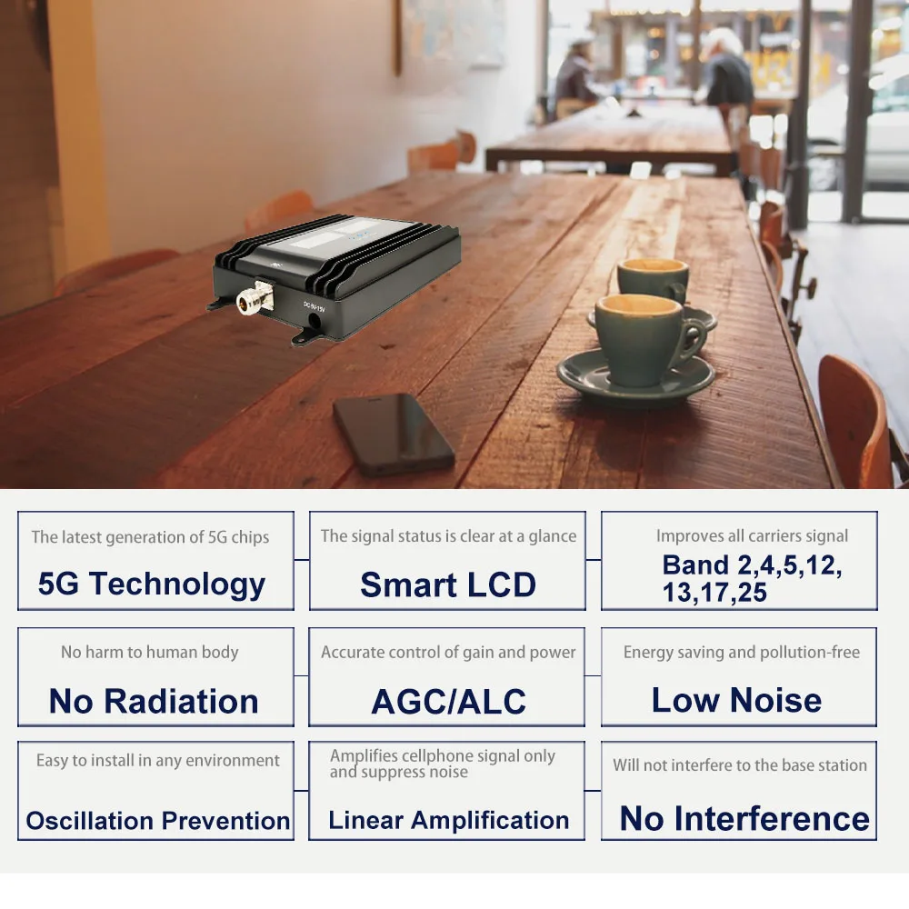 Cell Phone Signal Booster for All Carriers on Band 2/4/5/12/13/17/25/66 Boost 5G 4G& LTE Signal Smart LCD FCC Approved