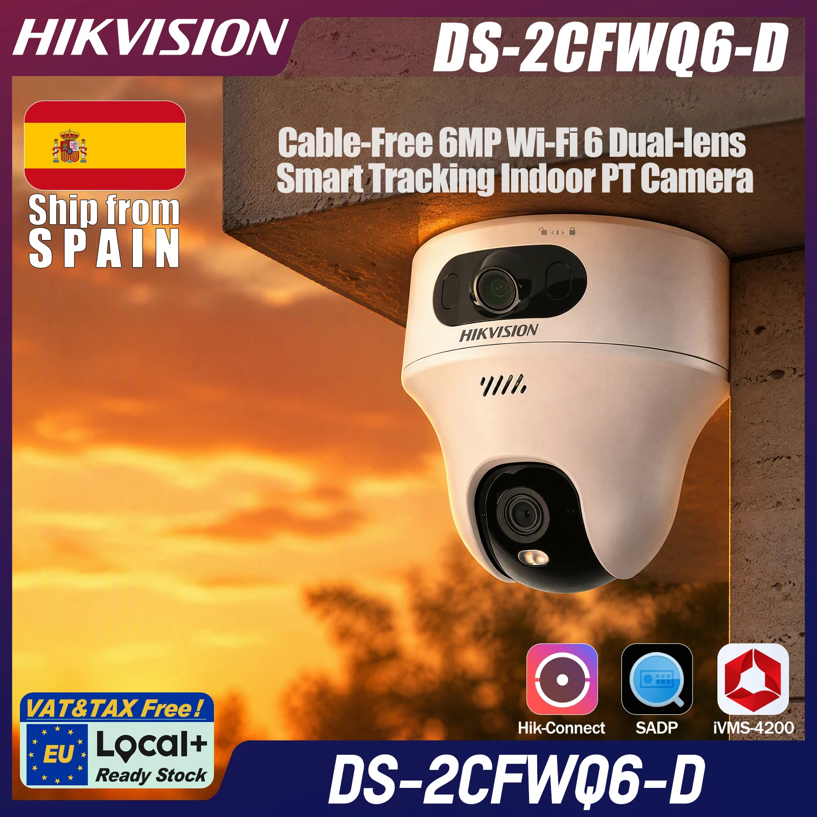 DS-2CFWQ6-D 6MP Hikvision Local+ telecamera PT interna Wi-Fi 6 doppia lente, 2.8mm+4mm, 2K+2K, tracciamento smart, audio bidirezionale, Smart Hybrid Light, pairing NVR senza cavo one-tap