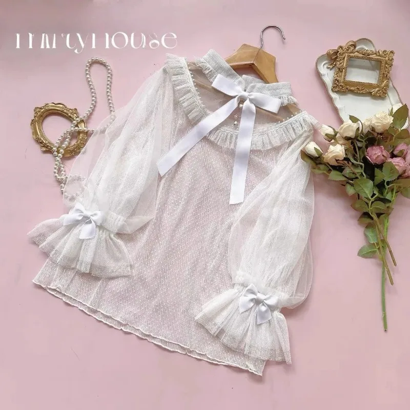 

Lolita Shirts 2025 New Summer Tulle Lolita Dot Bow Long Sleeve Blouse Outside Wear Inside Bottom Shirt Top Girls Blusas De Mujer