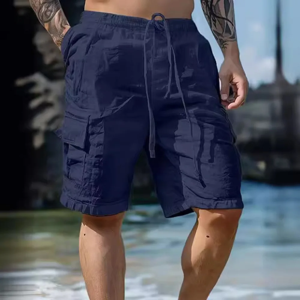 Mens Breathable Cotton Linen Shorts Summer Beach Casual Style Elastic Waist Straight Leg Solid Color Mid Length Bottoms