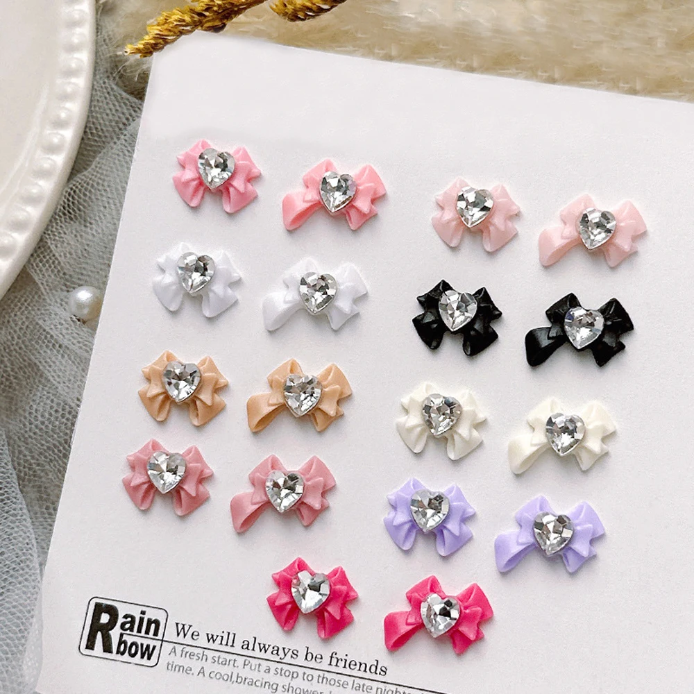 20Pcs Pink Bow Nail Art Charm 3D Cute Candy Color Sparkling Heart Diamond Resin Bow Nail Ornament DIY Exquisite Nail Accessories