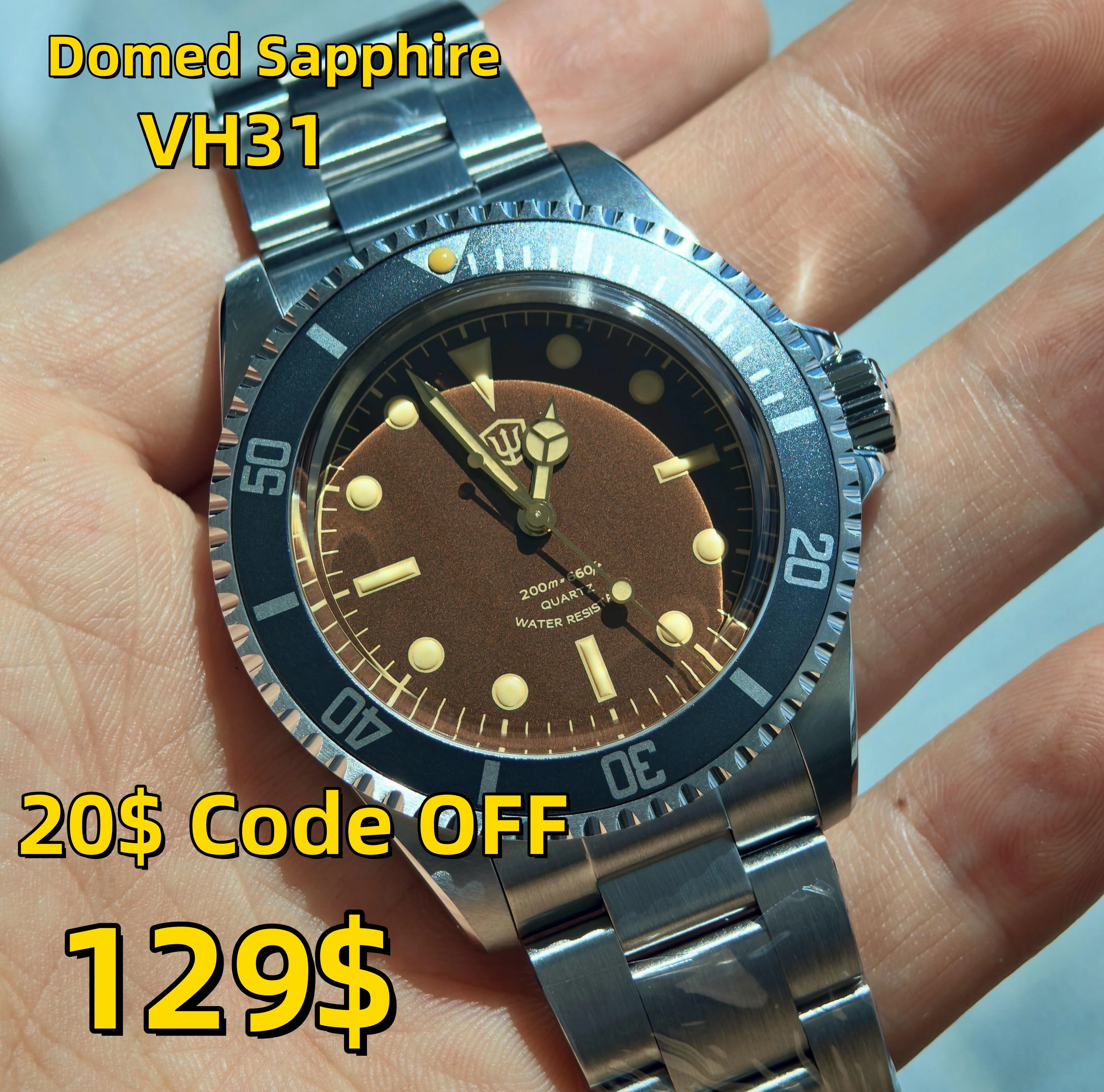 Watchdives WD5514Q 40mm Quartz Diver Watch VH31 Sweep Second Domed Sapphire 200m Waterproof Steel Bracelet BGW9 Lume Mens Watch