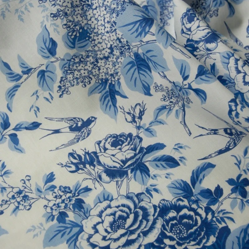 140x50cm Classic Blue and White Swallow Porcelain Rose Poplin Cotton Cloth Shirt Dress Summer Clothing Blouse Diy Sewing Cloth
