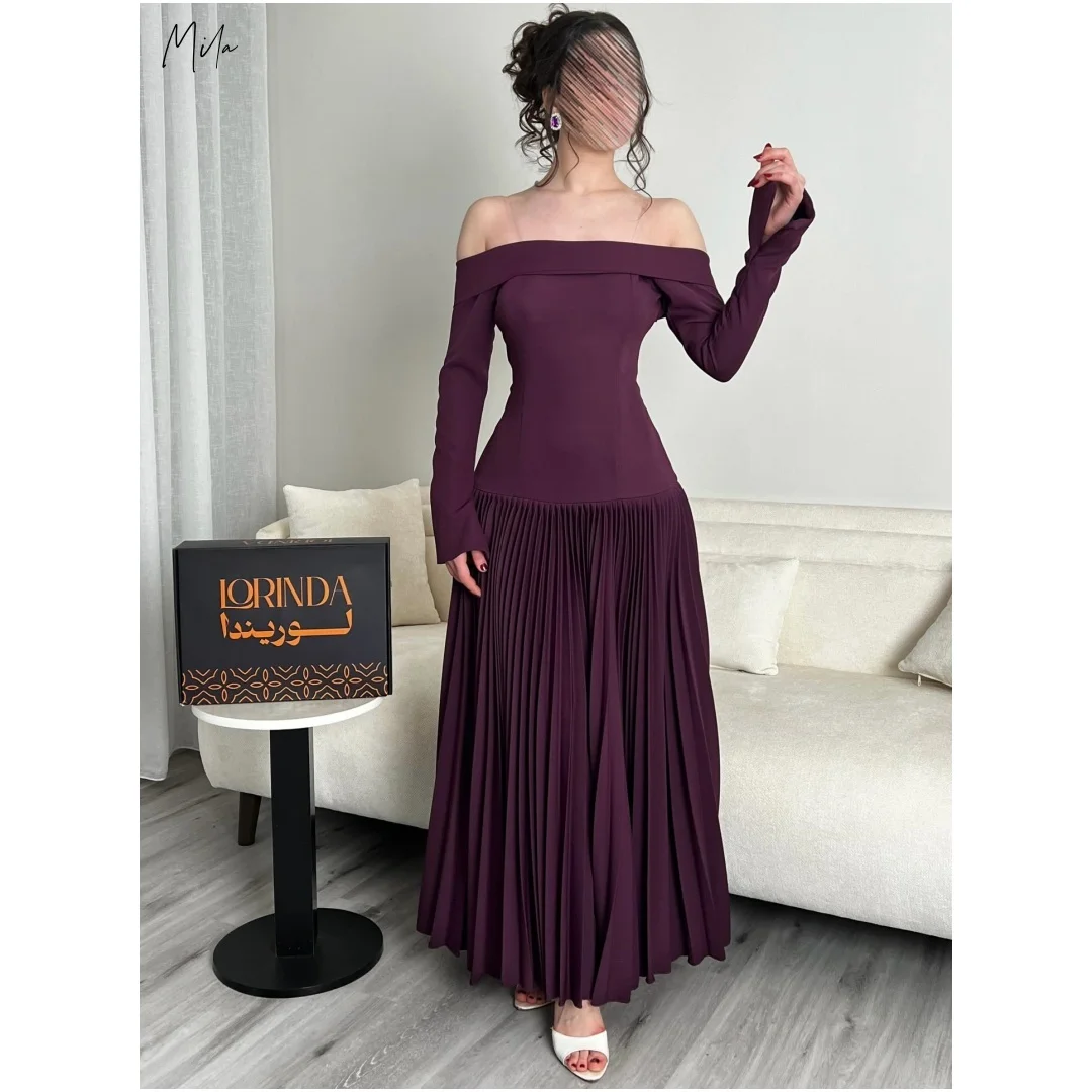 

Mila Plum Off Shoulder Prom Dresses Long Sleeves Pleated A Line Floor Length Bodice Customized Formal Evening vestidos de gala