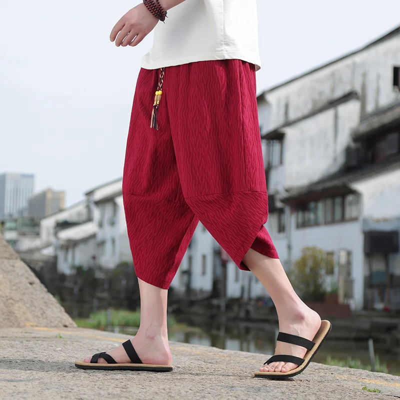 100% Cotton Summer Pants for Men Comfortable Thin Casual Cropped Pants Plus Size Loose Beach Wide Leg Pants