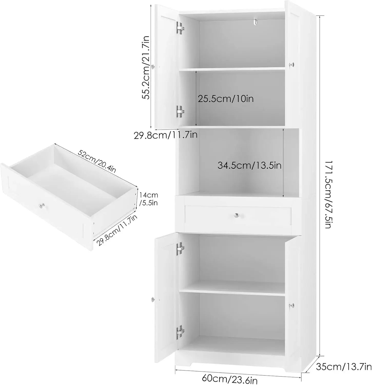 Moderne linnen opbergkast met 4 deuren en planken en lade, 180 cm hoge opbergkast vrijstaand voor badkamer, woonkamer,