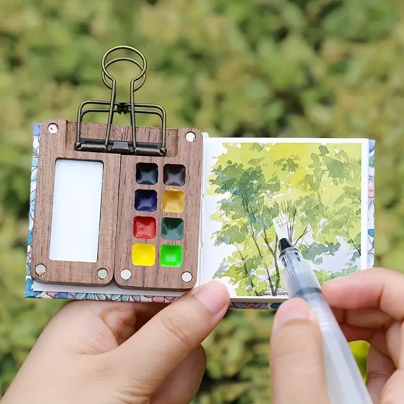 Neues Mini-Aquarellfarben-Set, tragbares Taschen-Künstler-Reise-Kunst-Malset mit Clip und Wasserpinsel, hölzerne 8/15-Gitterbox Mini