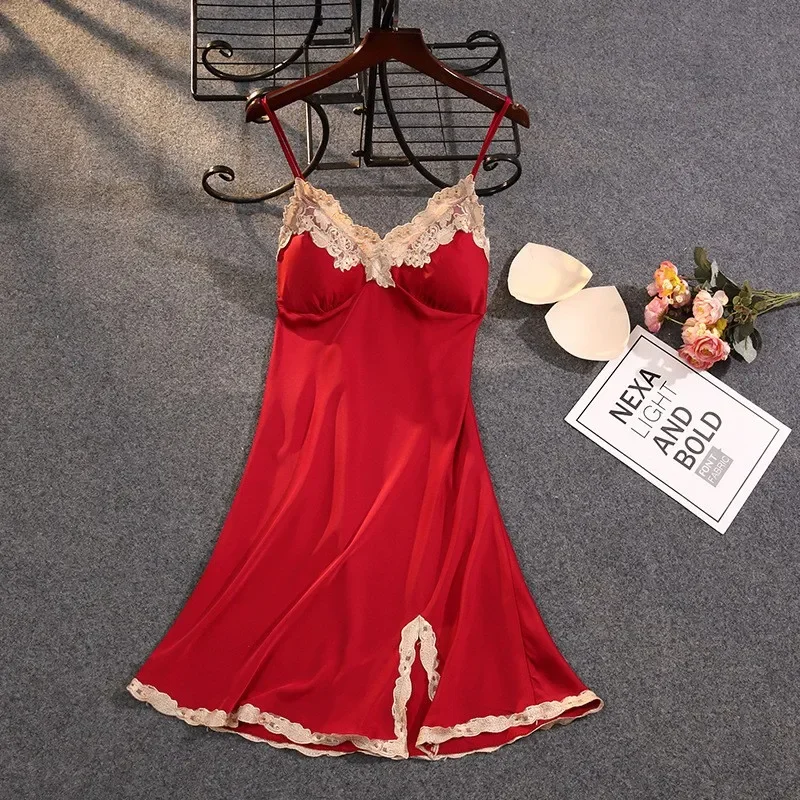 Satin Suspender Skirt Sleepwear Women Nightdress Silky Lace Nightwear Intimate Lingerie Sexy Nightgown Casual Home Dressing Gown
