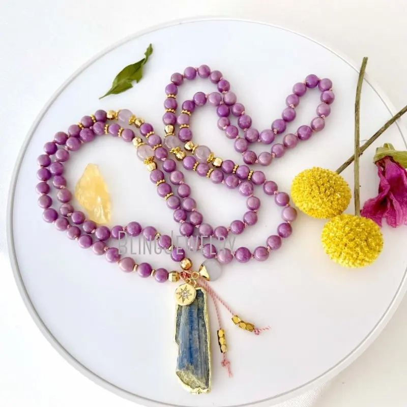 MN43574 Goddess Mala Necklace With Phosphosiderite Amethyst And Kyanite Guru Crystal  Prayer Beads Healing Meditation 