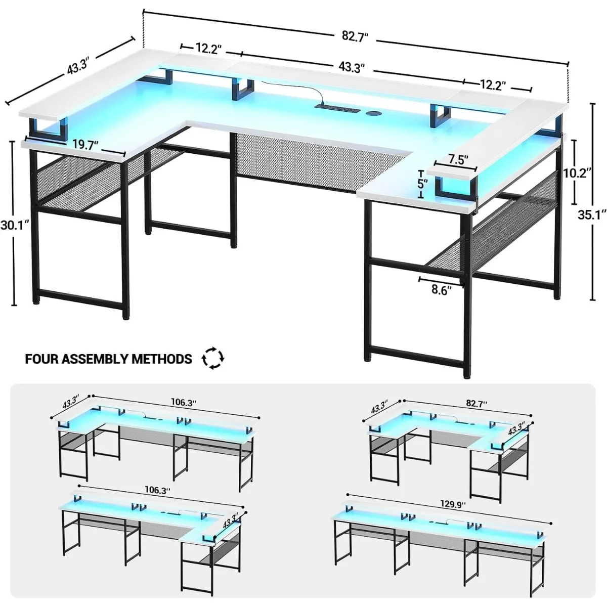 Meja Komputer bentuk U dengan dudukan Monitor dan lampu LED, meja kantor bentuk L reversibel dengan stopkontak listrik dan rak penyimpanan