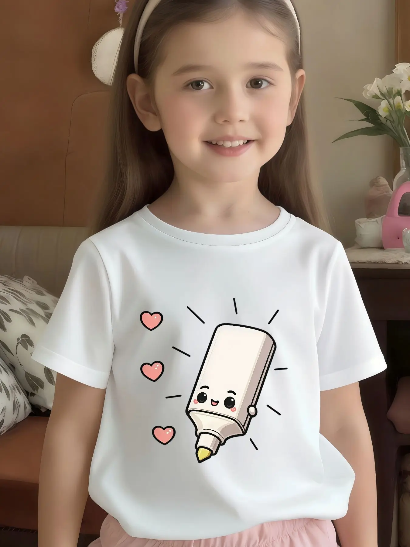 Cute Cartoon Marker Pink Hearts Print Graphic Kids Tee Boys Girls Family Matching Cotton Crew Neck Short Sleeve Soft Summer Tee