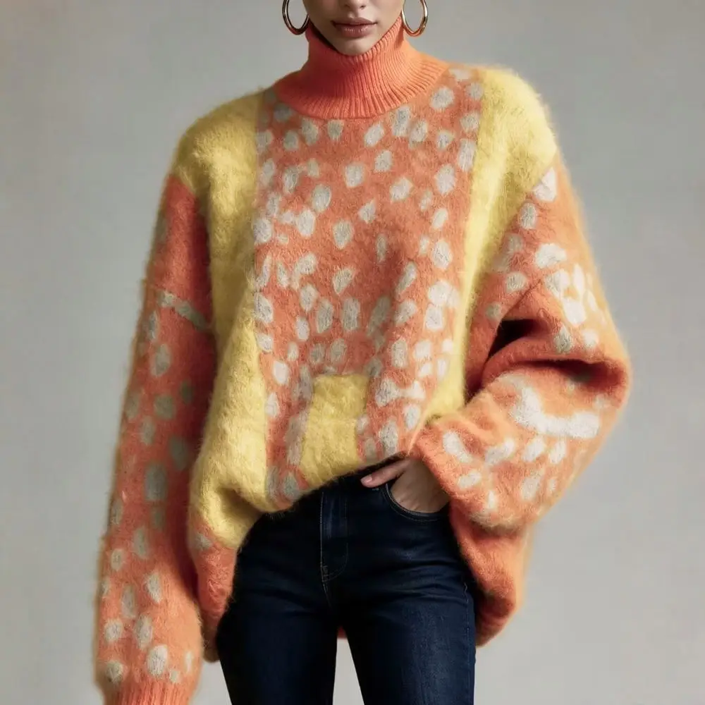 Winter Womens Leopard Pattern Knitted Jumper Loose Fit Turtleneck Pullover Long Sleeve Casual Thick Soft Knitwear Tops