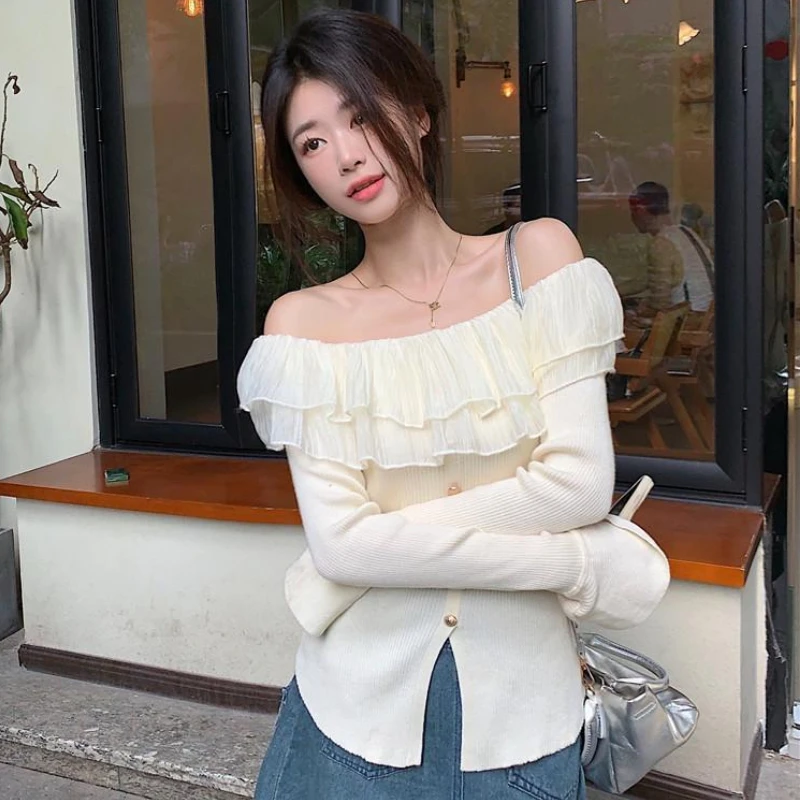 Slash Neck Pullovers Women Sweet Ruffles Off-shoulder Sweater Hotsweet Spring Gentle Feminine Sexy Knit Korean Fashion Clothing