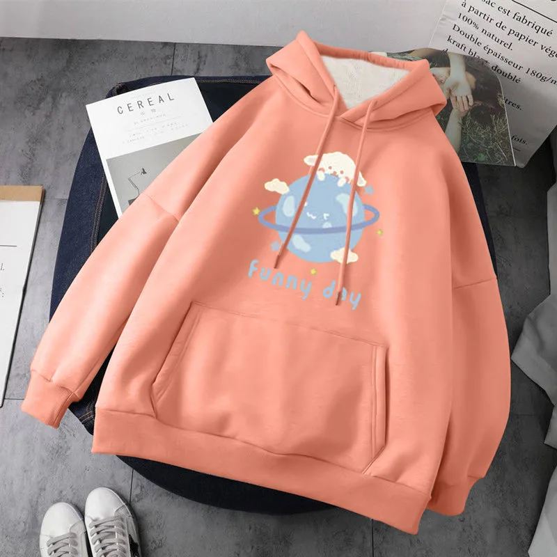 

Women Autumn Winter Loose Casual Pullovers Student Fashion Leisure Outwears Cute Cartoon Printed Fleece Thick Hooded Sweatshirts