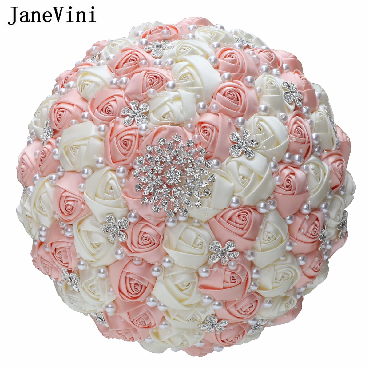 JaneVini 30CM Big Wedding Bouquet for Bride Large Size Crystal Bridal Hand Bouquets with Pearls Artificial Satin Roses Flowers