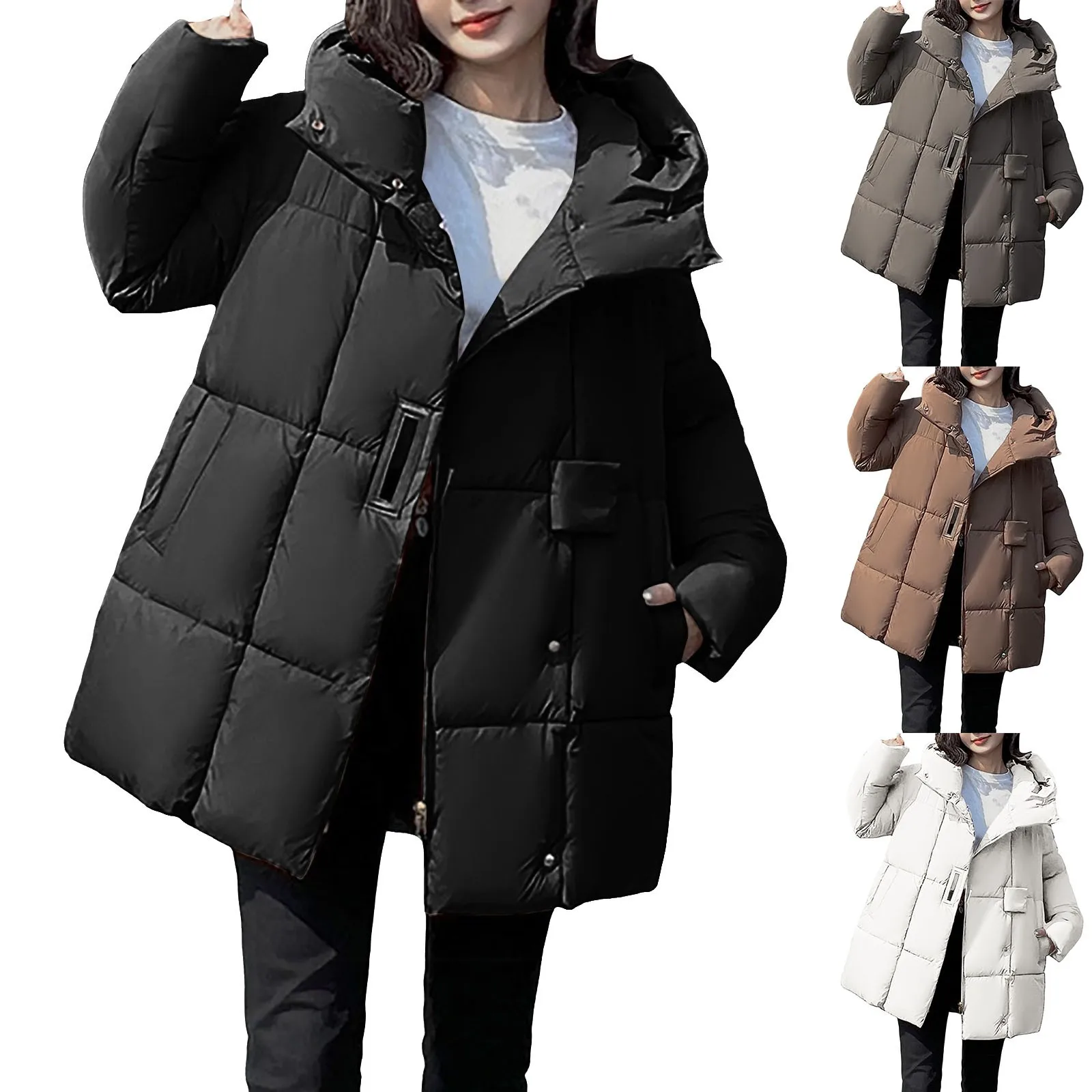 Abrigos acolchados gruesos elegantes para mujer, chaquetas de plumón de gran tamaño lisas con hebillas y cinturón a la moda con bolsillos, chaqueta acolchada con capucha para invierno