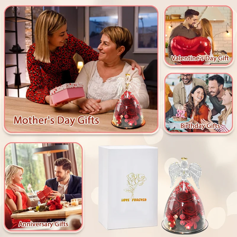 Estatueta de Anjo de Vidro Rosa Real, Light Up, Preservada, Roxo Azul, Quarto das Mulheres, Aniversário, Presente Do Dia Da Mãe, Presente De Luxo