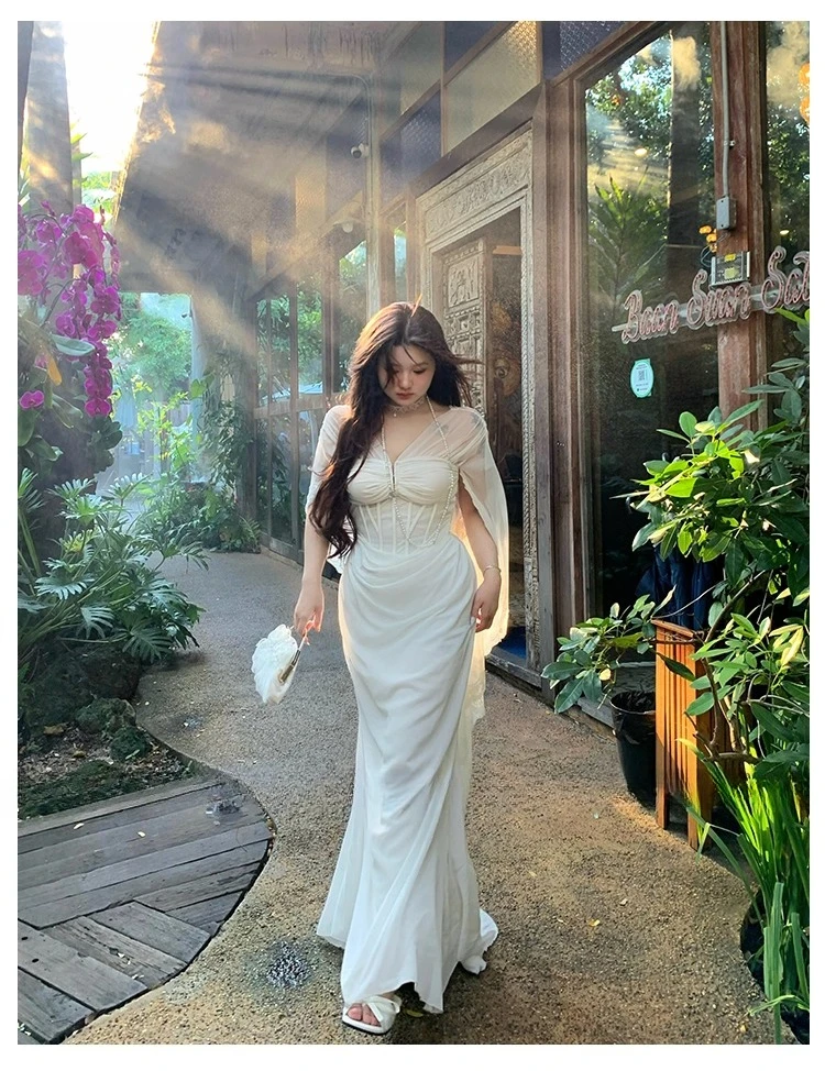 Hot-Selling Birthday Coming-of-Age Ceremony Banquet Plus Size Fishbone Chiffon Slim Fit Draped Sheer Apricot Long Dress