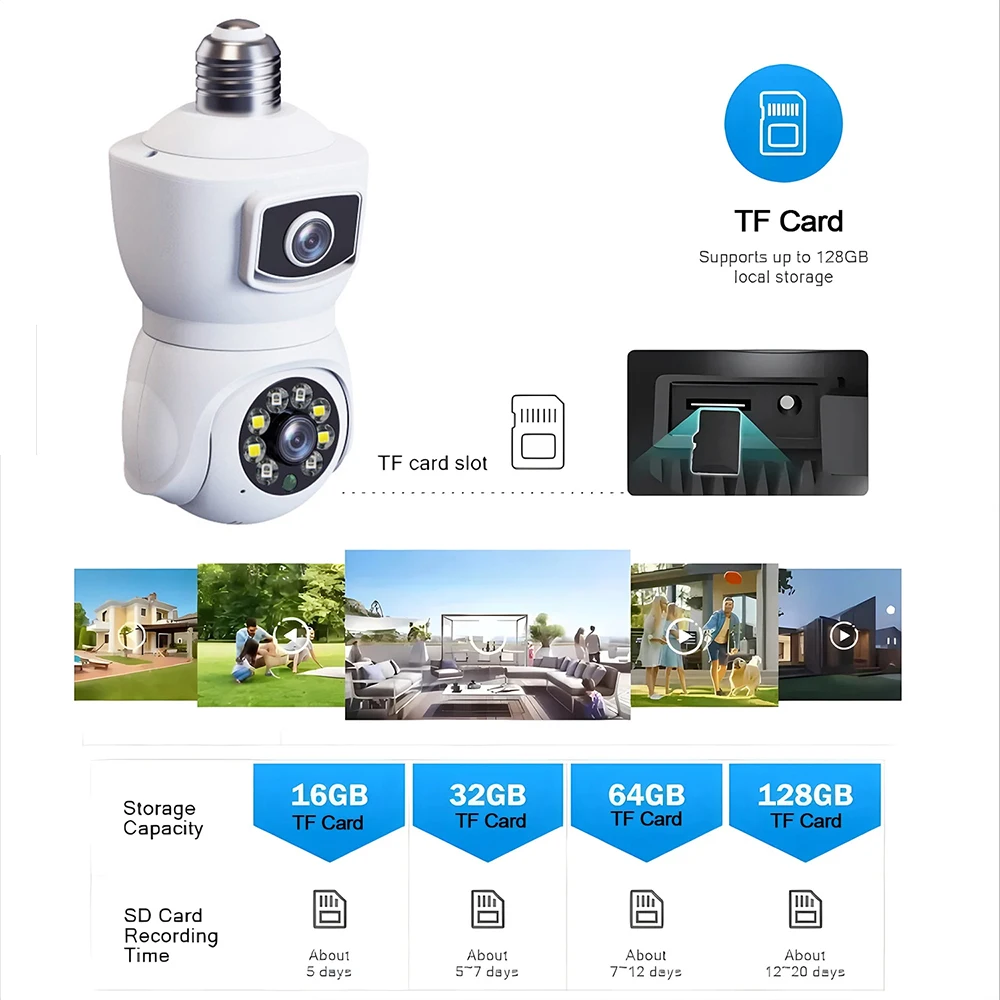 4K 8MP E27 WiFi-camera met dubbele lens, kleuren nachtzicht, automatische IP-camera tracking, tweerichtingsaudio, binnen- en buitengebruik,