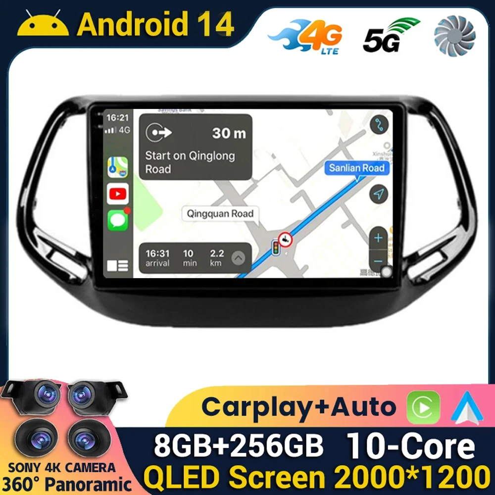 Android 14 CarPlay Auto WIFI+4G For Jeep Compass 2 MP 2016 2017 2018 2019 Car Radio Multimedia Video Player GPS Autoradio Stereo