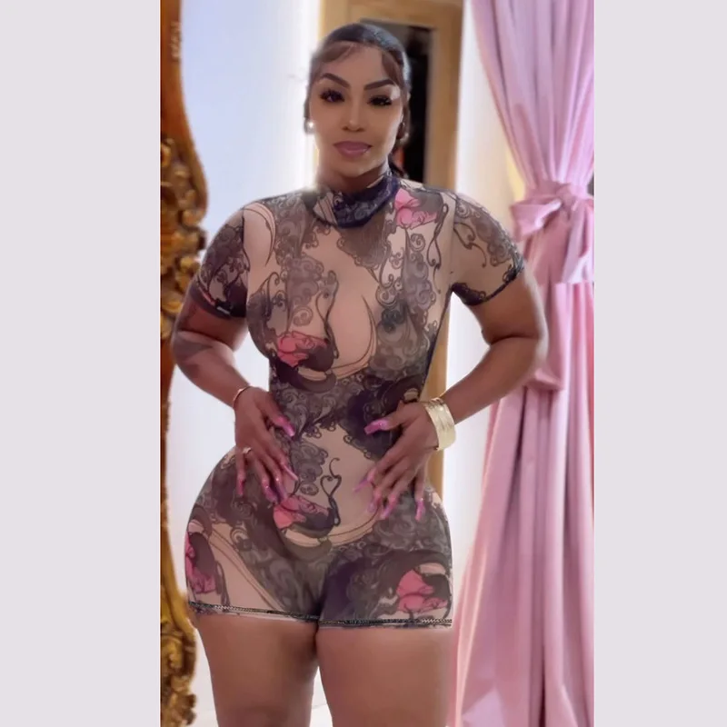 

Mesh Print Women Playsuits 2025 Summer Fashion Mesh Thin Sheer Short Sleeve O-neck Backless Slim Rompers Party Clubwear