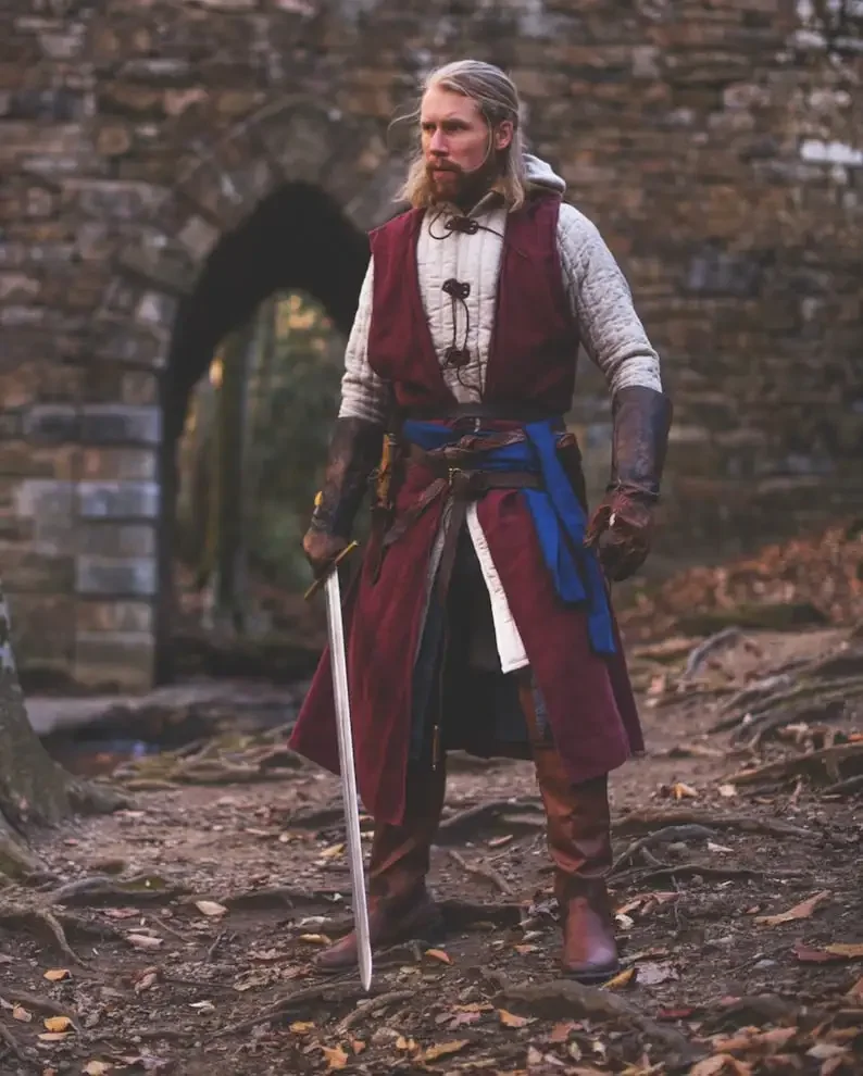 الكتان الأمامي المفتوح في العصور الوسطى تأثيري زي للبالغين ، رداء سلتيك مع غطاء محرك السيارة ، فايكنغ الرأس ، النهضة ، المتضخم ، LARP