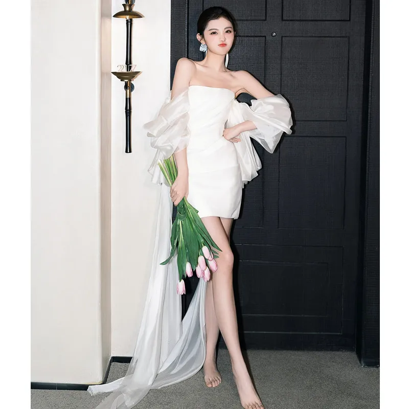 French Light Wedding Dress Small Satin White Short Style High-end Travel Photography Banquet Engagement Dress Skirt Customized