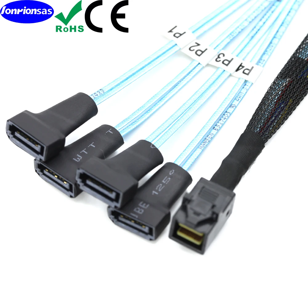 Wewnętrzny kabel Mini SAS HD SFF-8643 do 4 SATA 7P męskich złączy serwerowych, 0,5 m — zdjęcie produktu 3