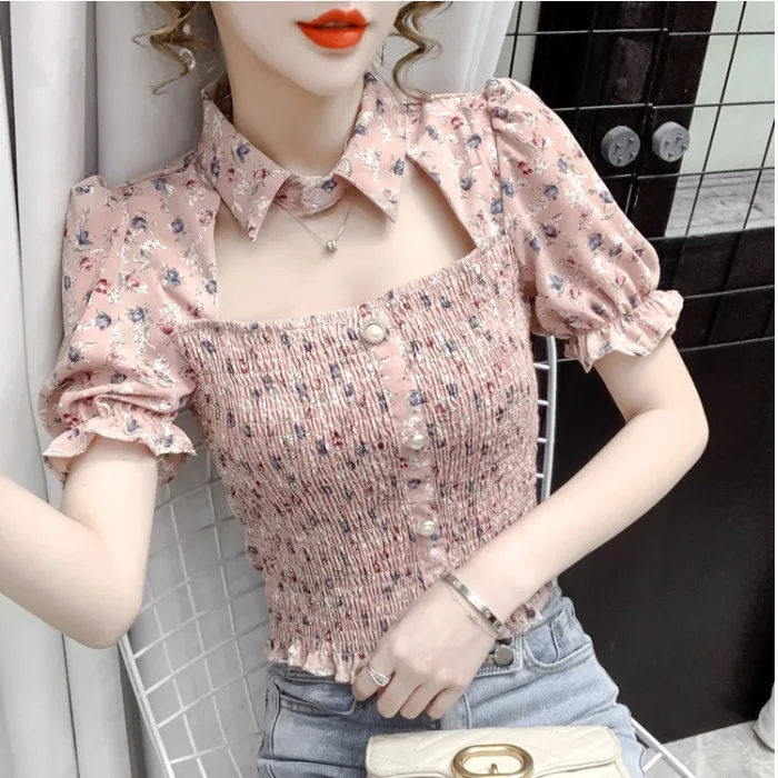

Floral Embellished Hollow out Square Collar Short Sleeve Women's Chiffon Shirt Korean Style Slimming Top for Summer