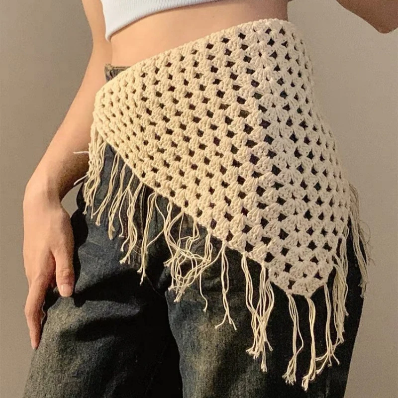 Fashion Hollowing Out Triangle Headscarf Ethnic Style Turban Hair Scraf Multifunctional Bohemian Tassel Hip Apron Waist Band