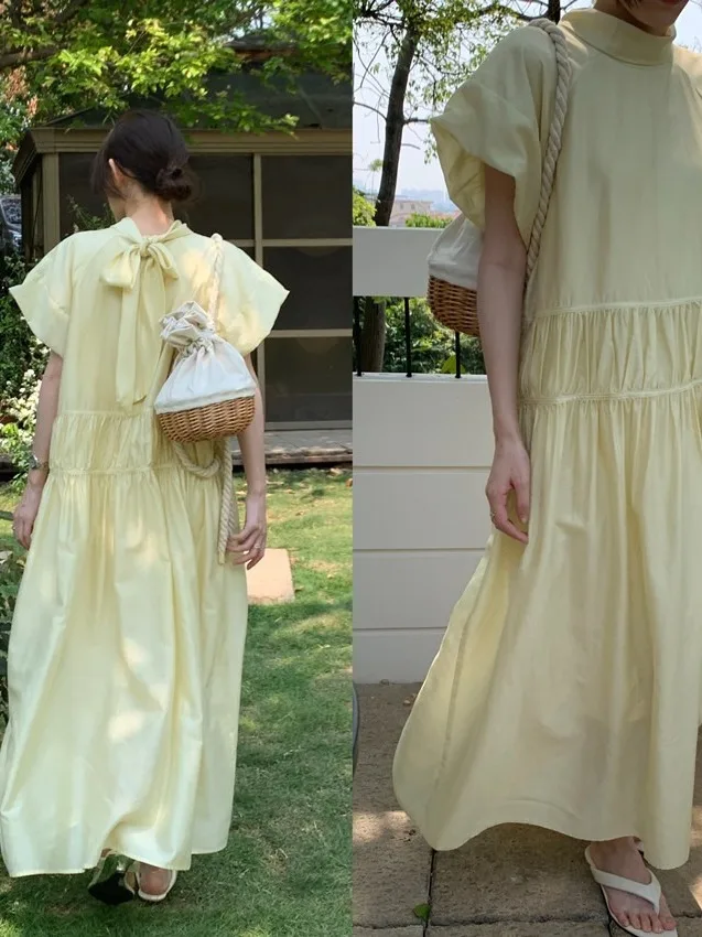 Dongda Gate Summer Vintage Long Loose Waist Cinched Sa Design Women's Dr ort Sve  Color Other Material 00