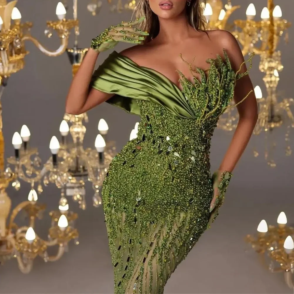 

Mermaid Beaded Evening Dresses Formal Party Prom Gowns One-Shoulder Princess Pearls Sexy Evening Prom Dresses Customized