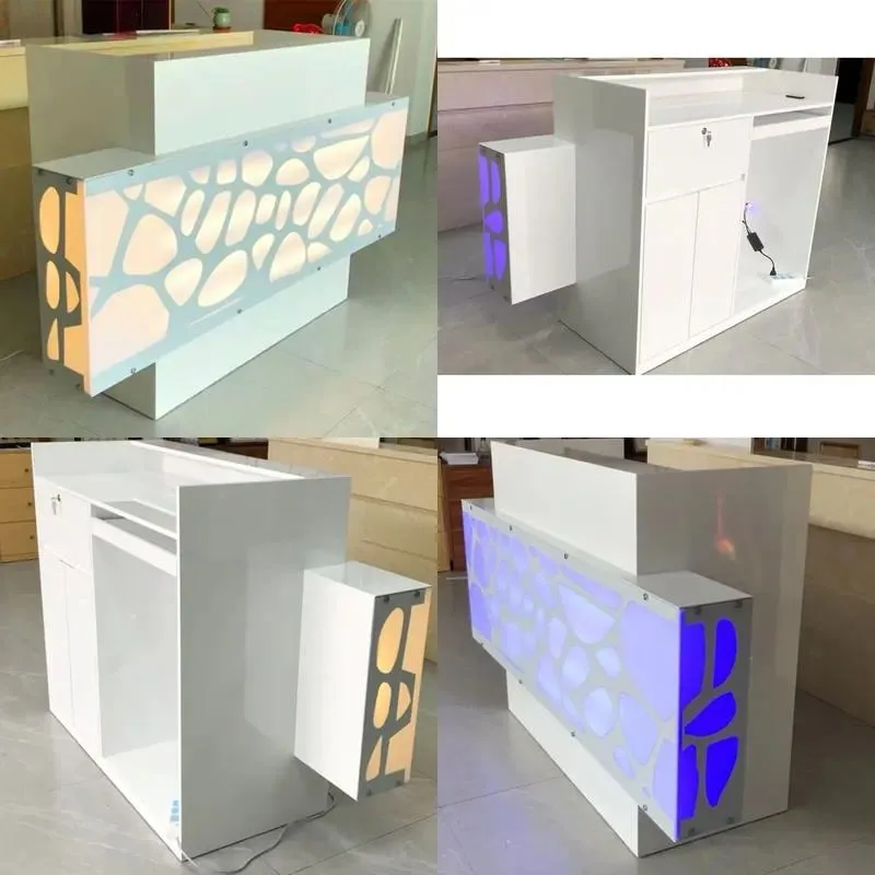 Luxury White MDF Modern Retail Checkout Counter with LED Light Reception Desk for Boutique Store