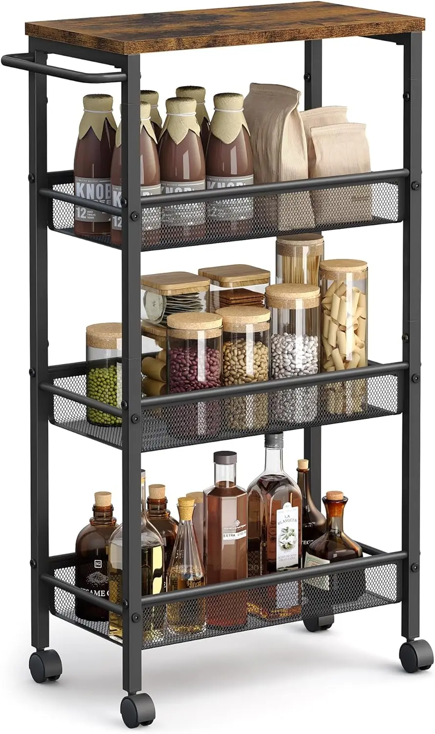 

Slim 4-Tier Rolling Storage Cart with Handle, 8.7" Deep Metal Frame for Kitchen, Living Room, Office in Rustic Brown and Black
