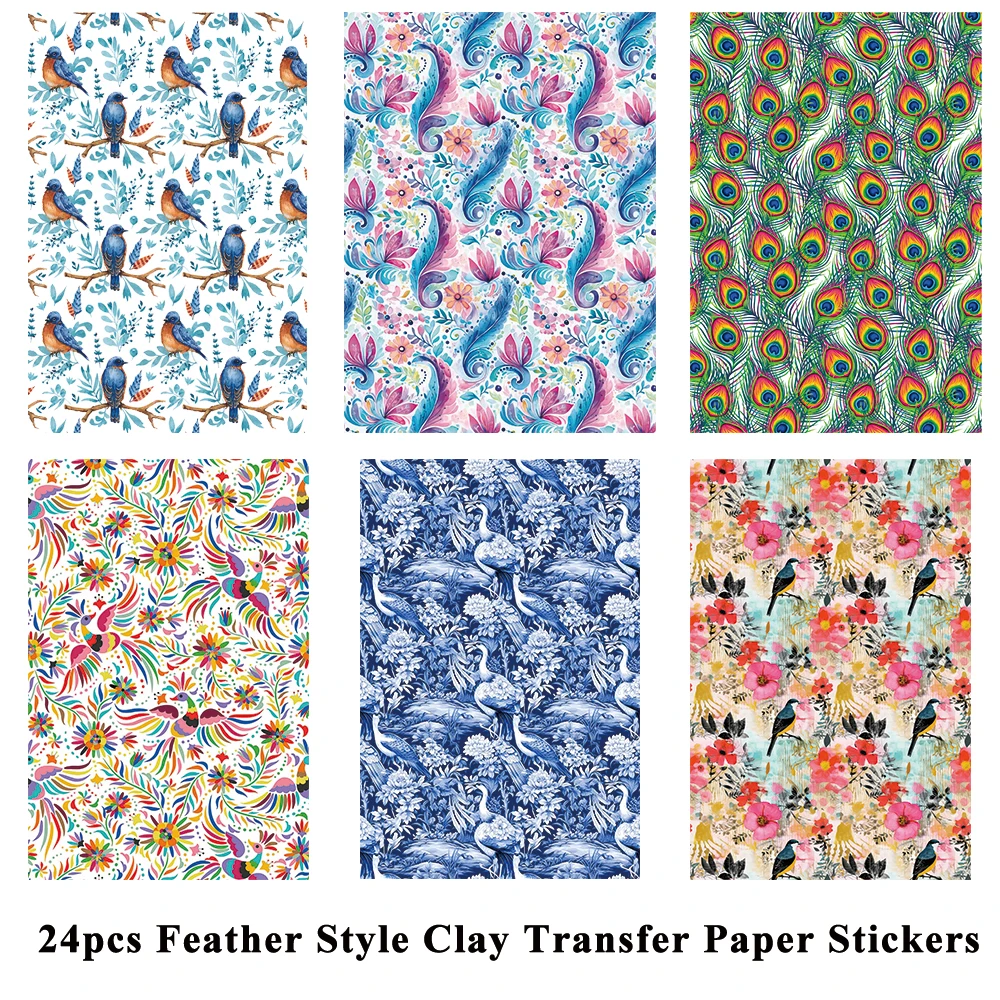 

24pcs Bird Peacock Feather Flower Blossom Soft Ceramic Earrings Water Soluble Disposable Sticker for Diy Jewelry Making Decal