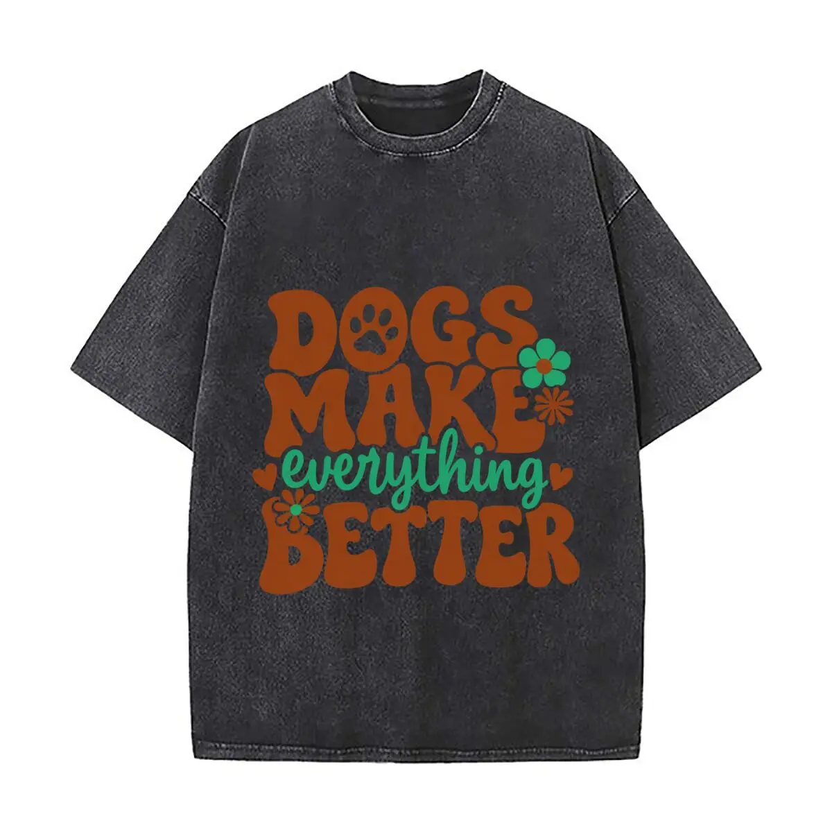Dogs Make Everything Better Paw Print Flower Hearts Design Vintage Distressed Loose Streetwear Tops for Campus Days