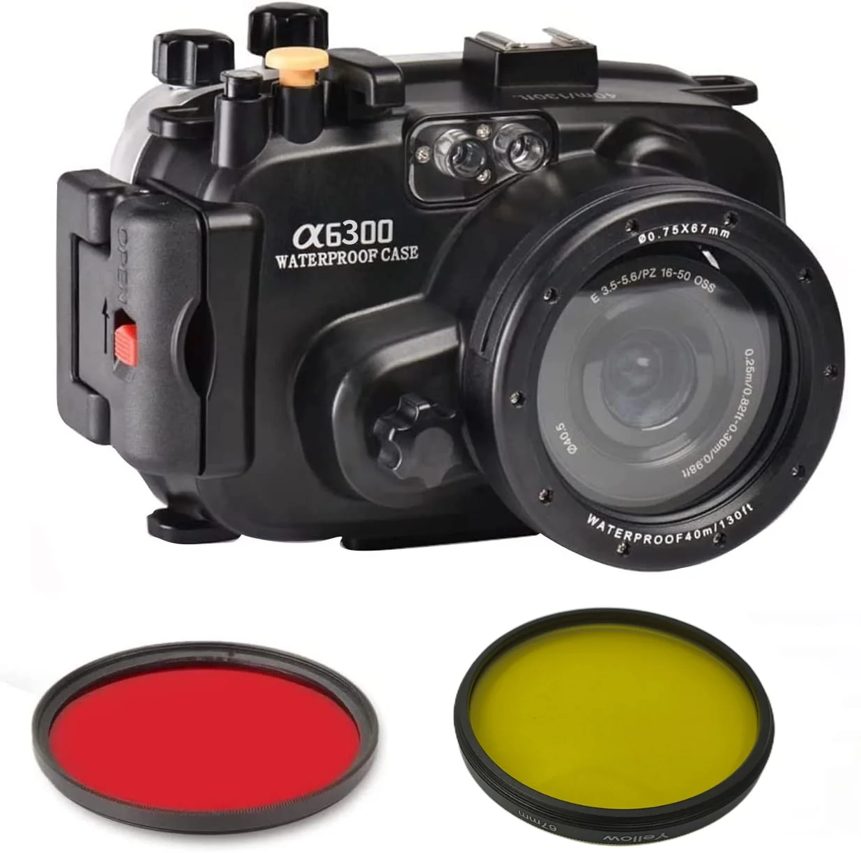 CANMEELUX A6300 Waterproof Housing Case Diving 40M/130ft Work for Sony A6300 Camera(Red+Yellow Filter)