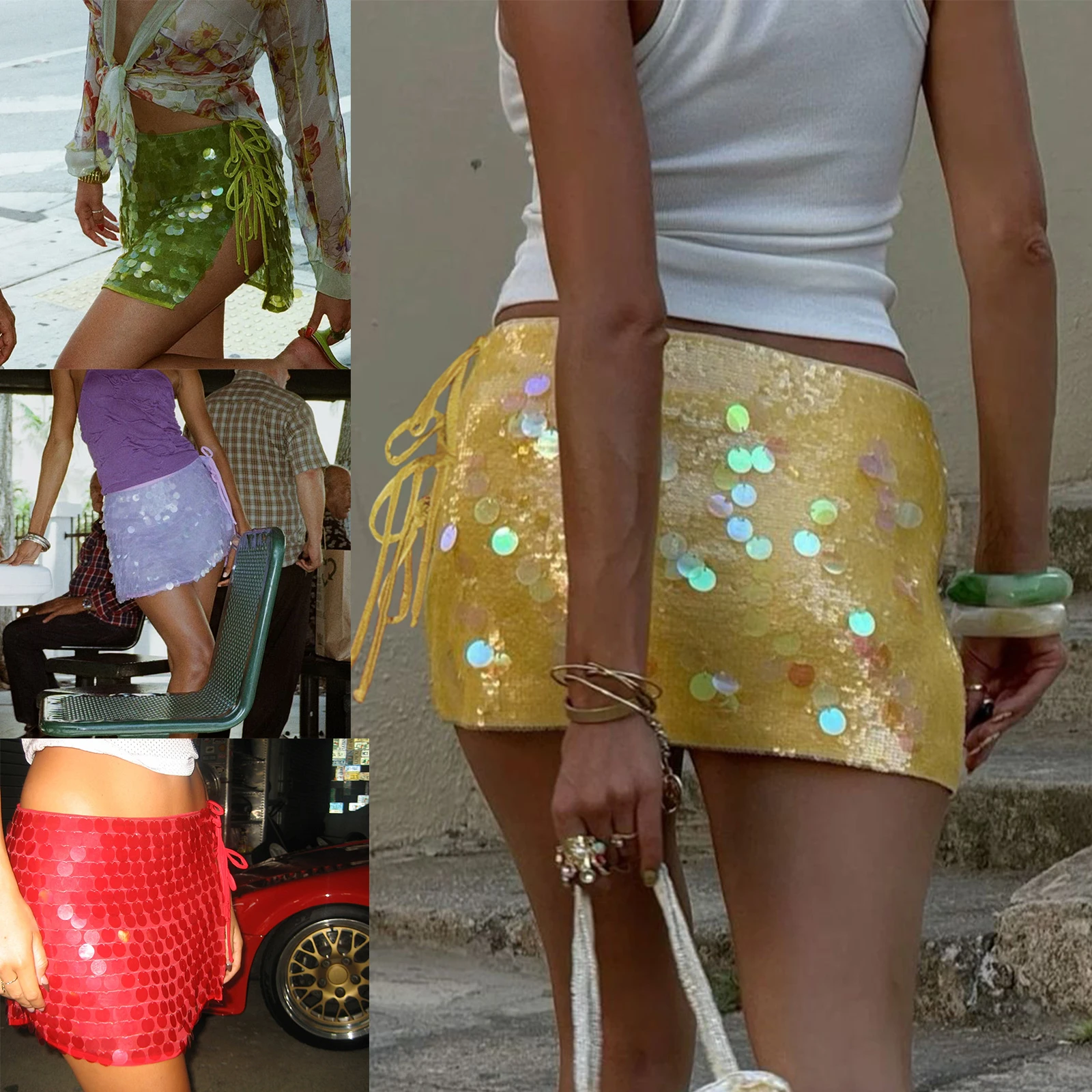

Women's Summer Mini Sequins Skirts Side Split Tie Up Skirt for Daily Travel Parties