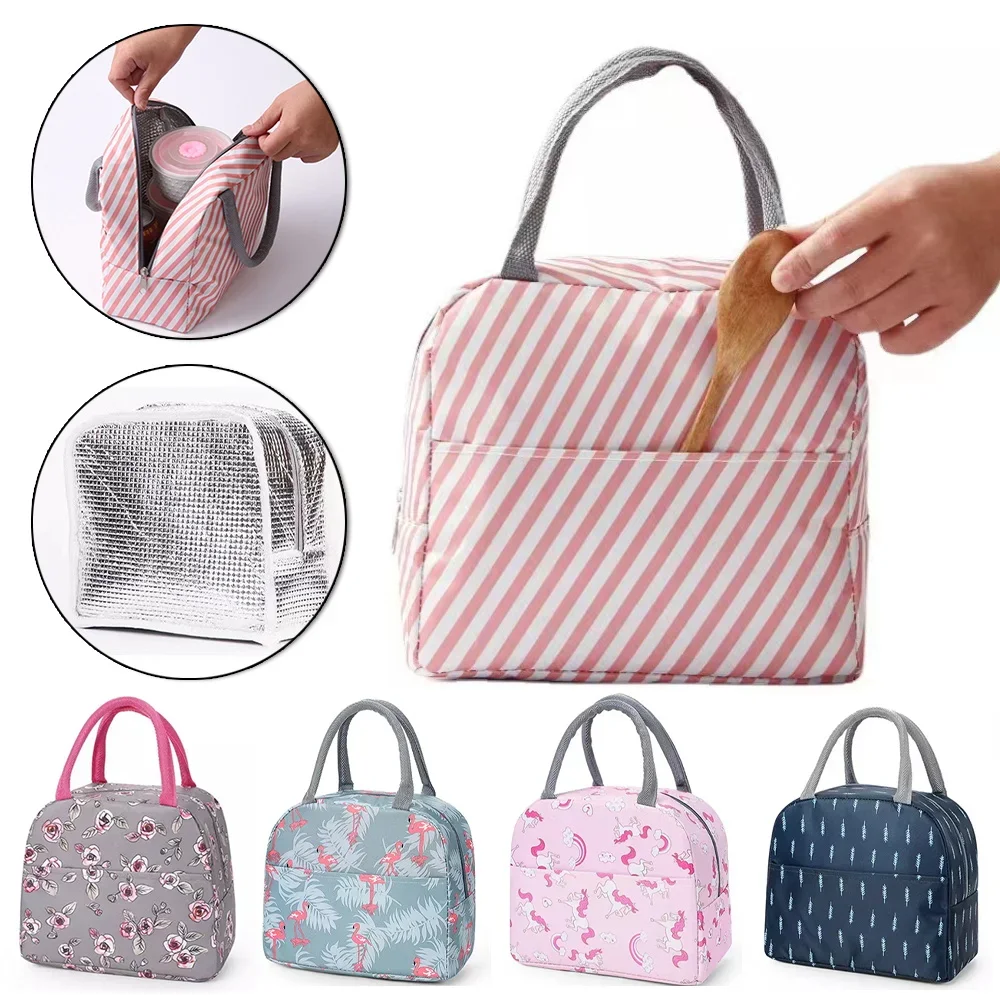 

Food Thermal Lunch Dinner Bags Canvas Red Stripe Handbag Picnic Travel Breakfast Box School Child Convenient Lunch Bag Tote Bag