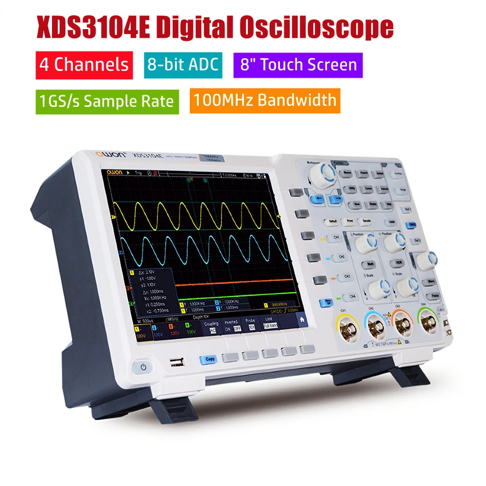 

OWON XDS3104E Digital Oscilloscope 4 Channels 100MHz Bandwidth 8 Bits 8 Inch Touch Screen LCD Bus Decording 1GS/s Oscilloscope