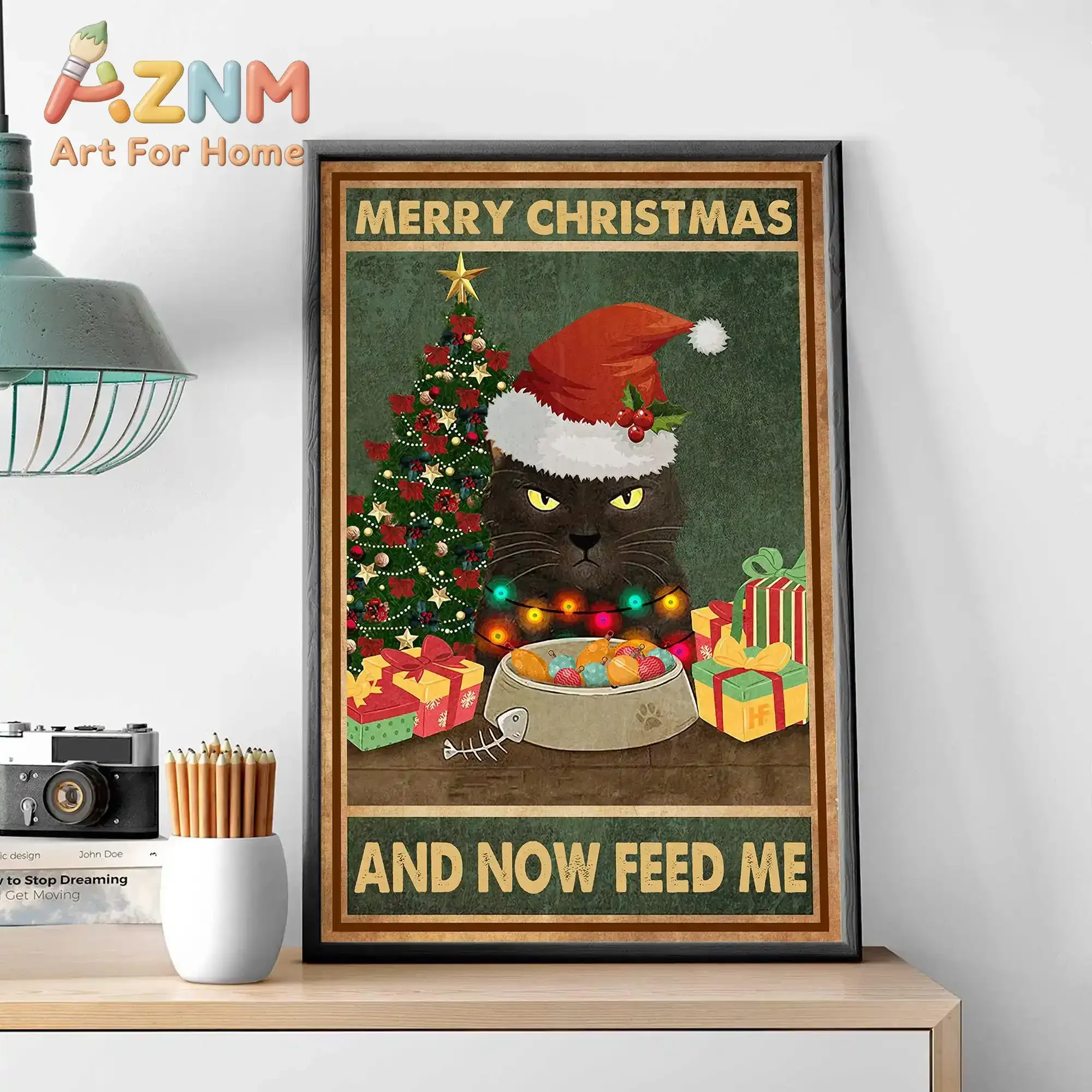 Abstract Cat Merry Christmas and Now Feed Me Poster Funny Christmas Wall Art Poster Christmas Cozy Poster for Living Room Decor