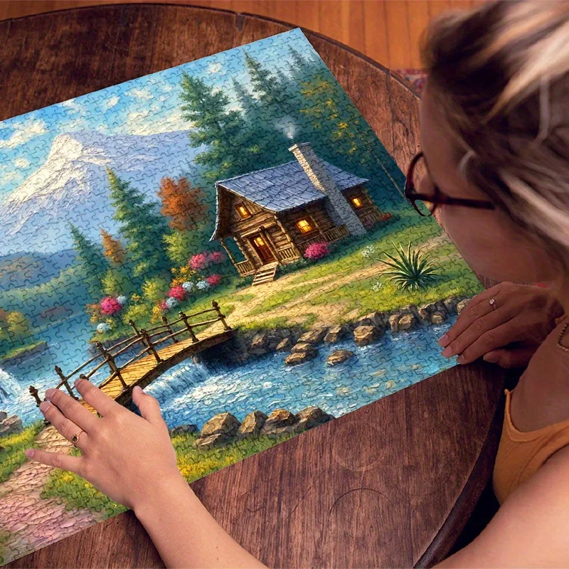 大人向けジグソーパズル 1000ピース - 静かな小屋、山、湖の風景、プレミアムペーパーパズル、傷防止＆防水、チャレンジ